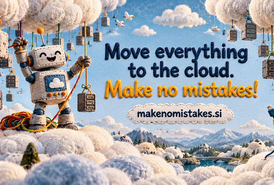 A scene in needle felt: a smiling felt robot ties server racks to the clouds with coloured yarn, and dozens already hang in the sky. A small man in a tie holds an unplugged cable and looks up. The line is felted across the sky, with makenomistakes.si on a patch under it.